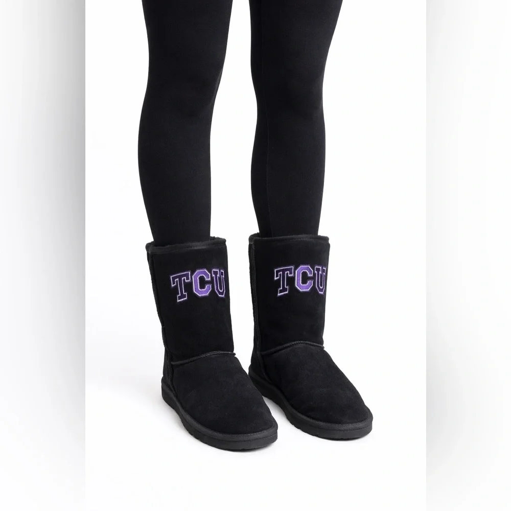 TCU 💜 Women’s Black Suede UGG-Style Calf-High, Faux Fur Boots (Size 9)